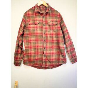 Orvis Mens Plaid Button-Down Shirt Jacket Large Red & Tan Pockets Heavyweight